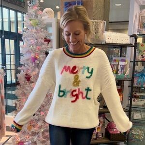 Main Strip White 'Merry & Bright' Sweater with Rainbow Accents